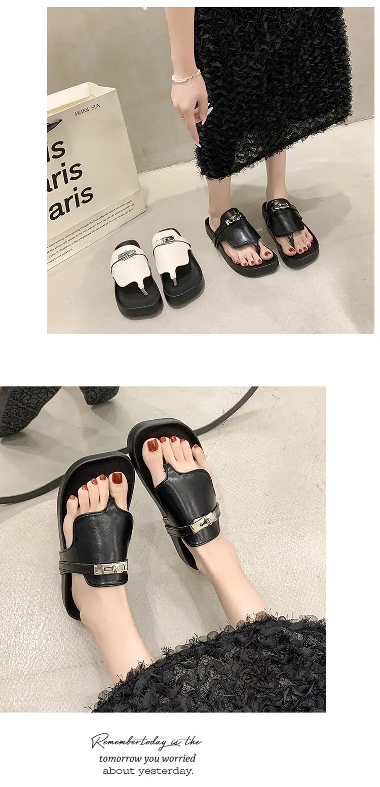 2024 French Style Black White Flip Flops with Silver Buckle — feature 15