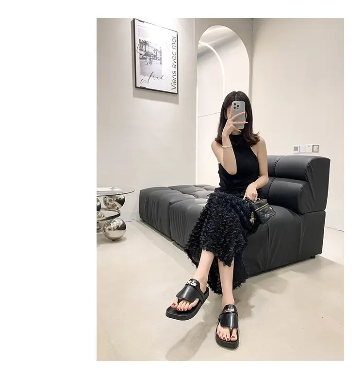 2024 French Style Black White Flip Flops with Silver Buckle — feature 2