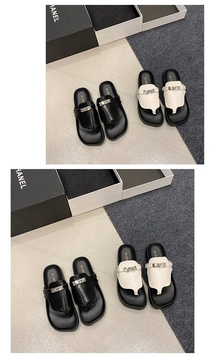2024 French Style Black White Flip Flops with Silver Buckle — feature 4