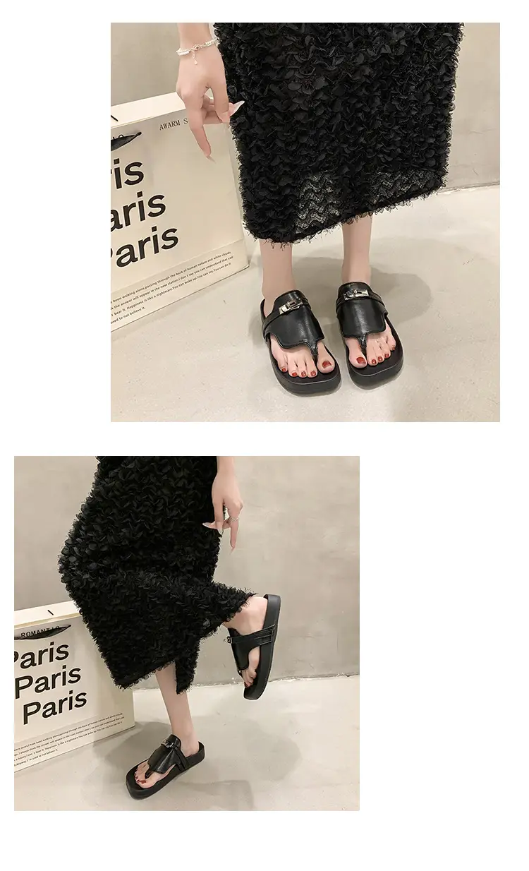 2024 French Style Black White Flip Flops with Silver Buckle — feature 5