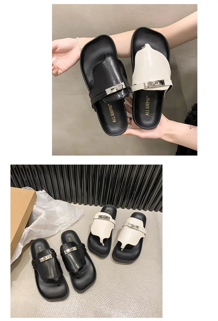2024 French Style Black White Flip Flops with Silver Buckle — feature 6