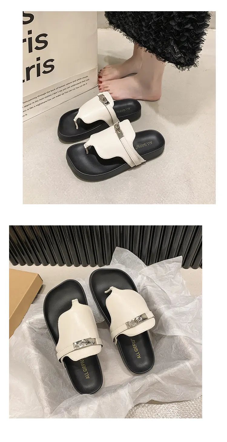 2024 French Style Black White Flip Flops with Silver Buckle — feature 8