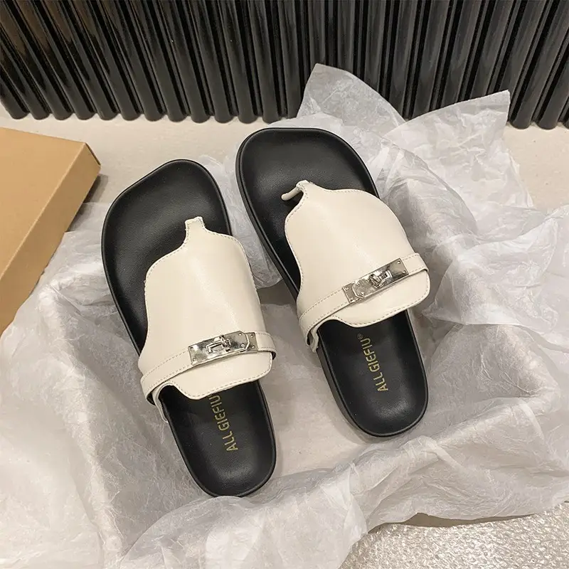 2024 French Style Black White Flip Flops with Silver Buckle - Image 2