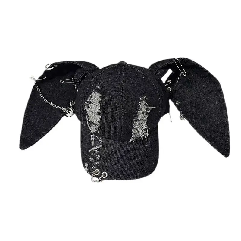 Punk Rabbit Ears Cap Denim Ripped Baseball Cap Women's Hipster Chain Hip-Hop - Image 6