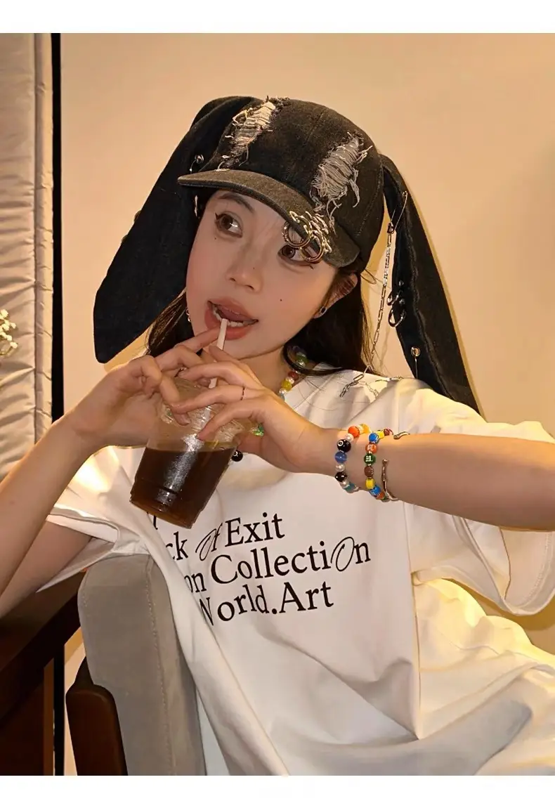 Punk Rabbit Ears Cap Denim Ripped Baseball Cap Women's Hipster Chain Hip-Hop — feature 2