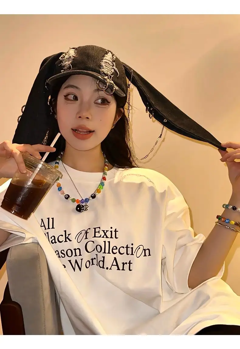 Punk Rabbit Ears Cap Denim Ripped Baseball Cap Women's Hipster Chain Hip-Hop — feature 3