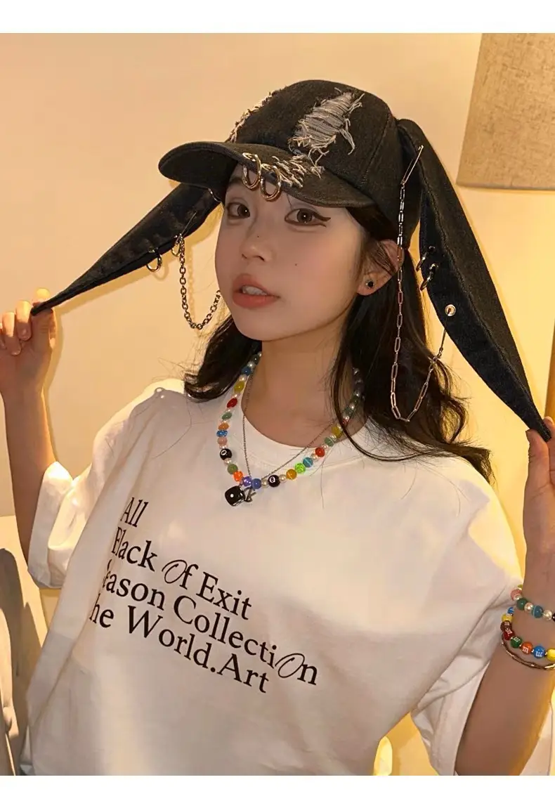 Punk Rabbit Ears Cap Denim Ripped Baseball Cap Women's Hipster Chain Hip-Hop — feature 5