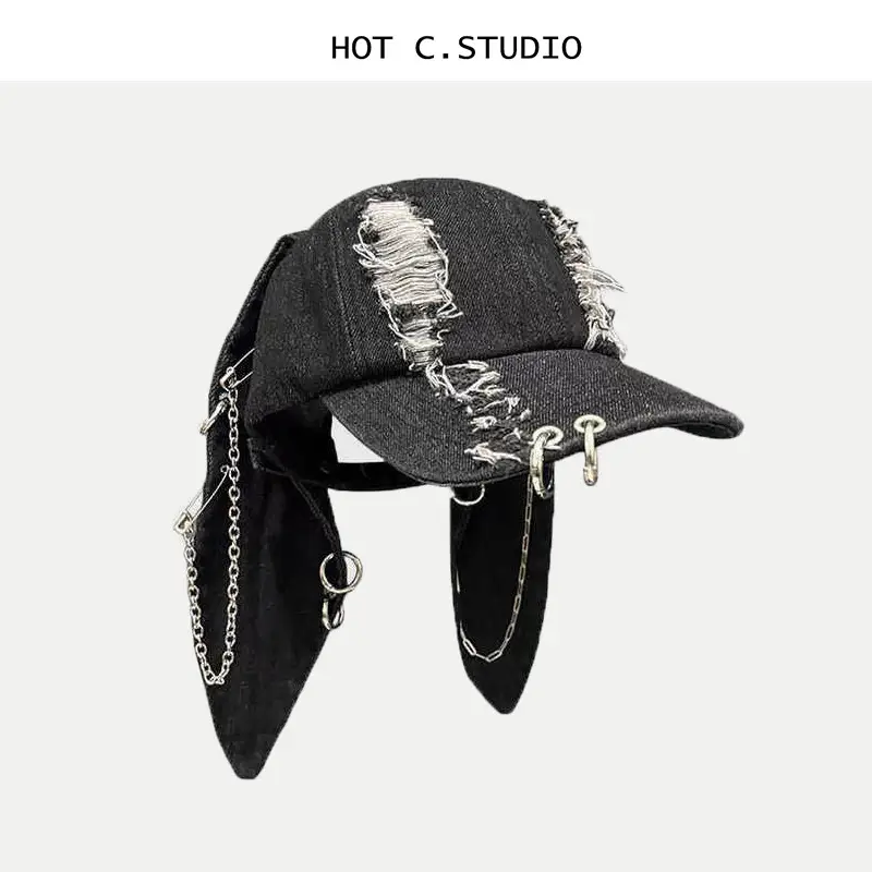 Punk Rabbit Ears Cap Denim Ripped Baseball Cap Women's Hipster Chain Hip-Hop — feature 6