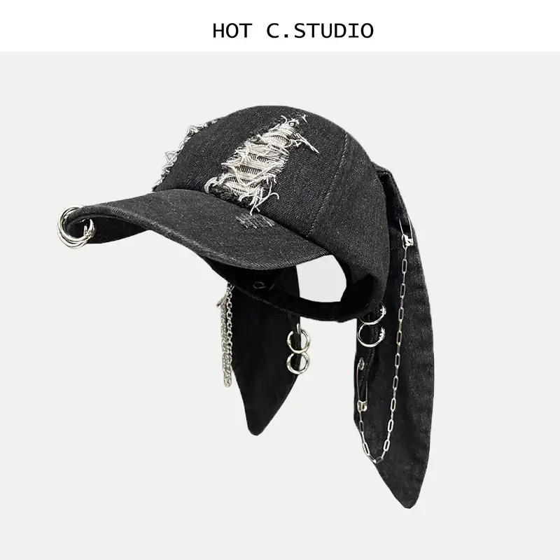Punk Rabbit Ears Cap Denim Ripped Baseball Cap Women's Hipster Chain Hip-Hop — feature 7