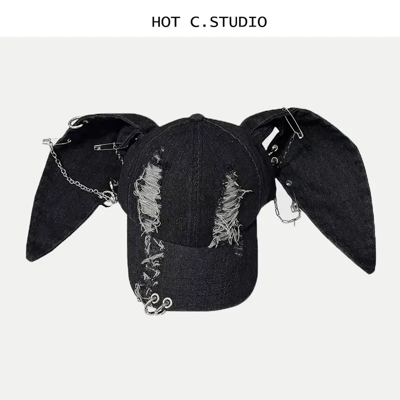 Punk Rabbit Ears Cap Denim Ripped Baseball Cap Women's Hipster Chain Hip-Hop — feature 8