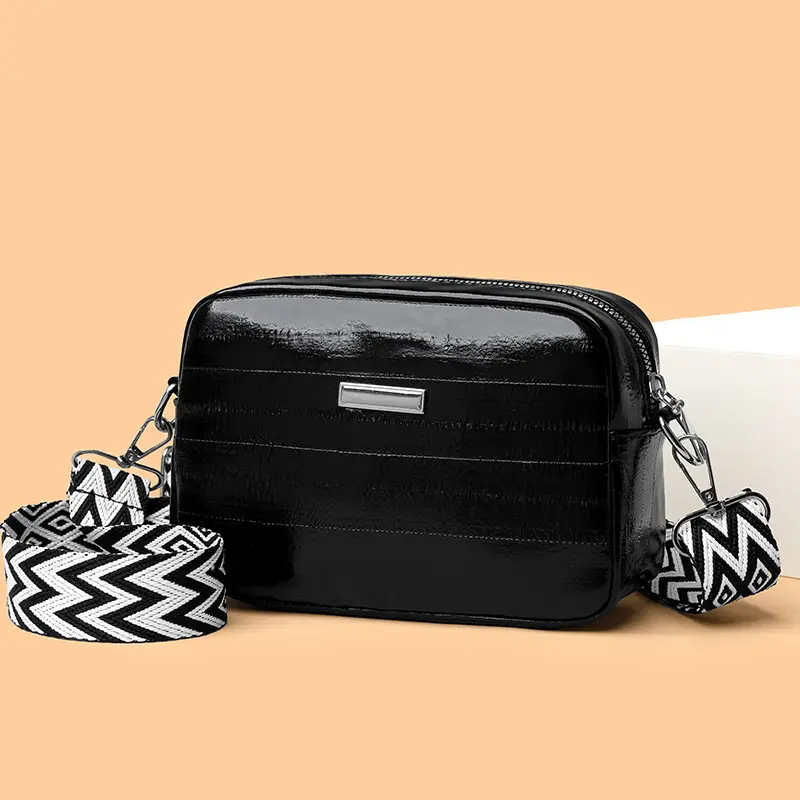 Black Glossy Crossbody Bag with Zigzag Strap