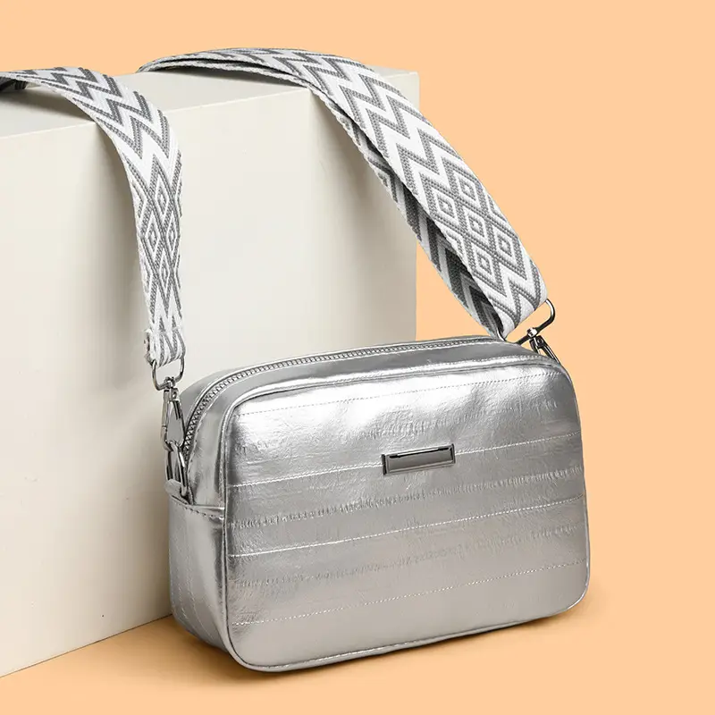 Black Glossy Crossbody Bag with Zigzag Strap