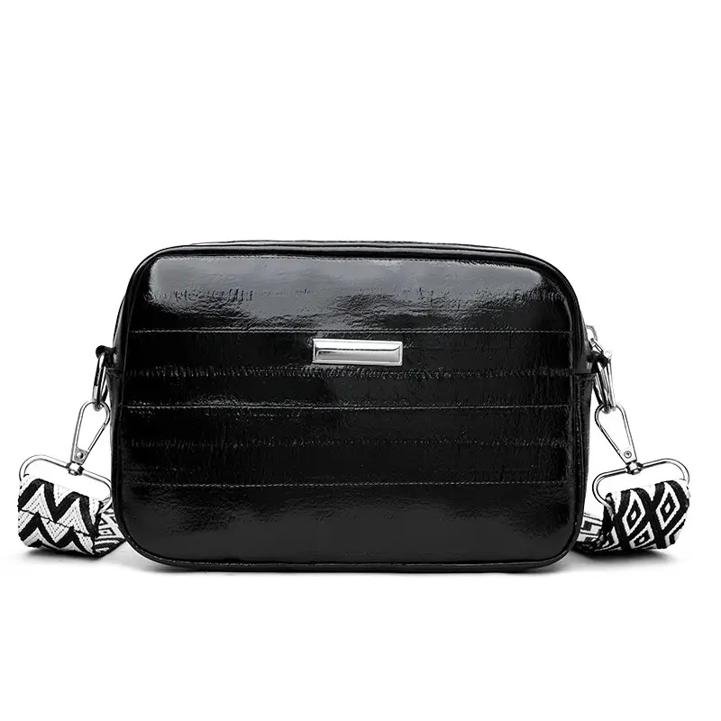 Black Glossy Crossbody Bag with Zigzag Strap
