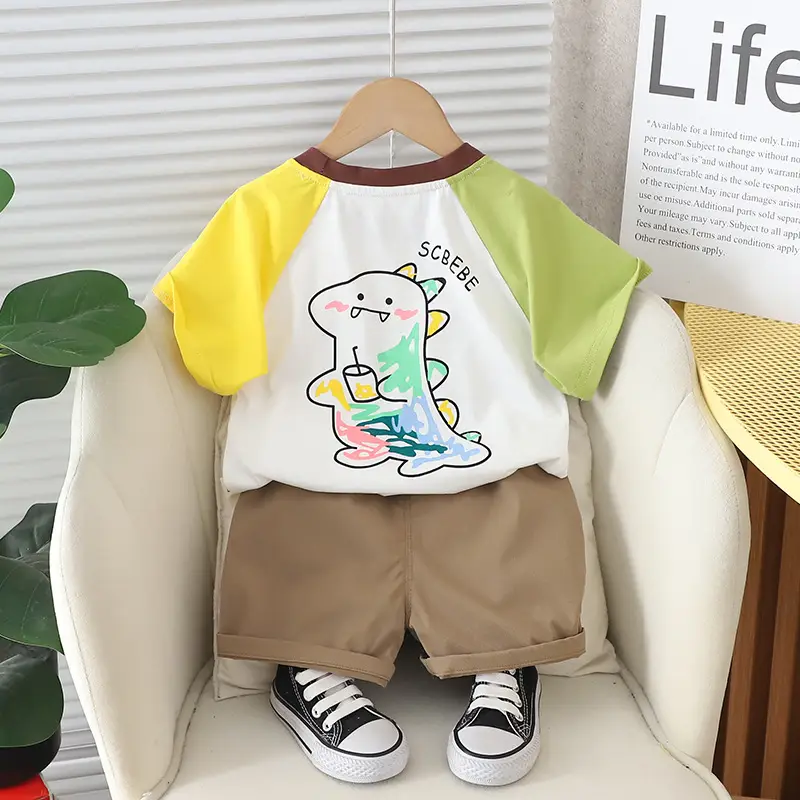 Children Cotton T-Shirt Shorts Set White Yellow Brown - Image 2