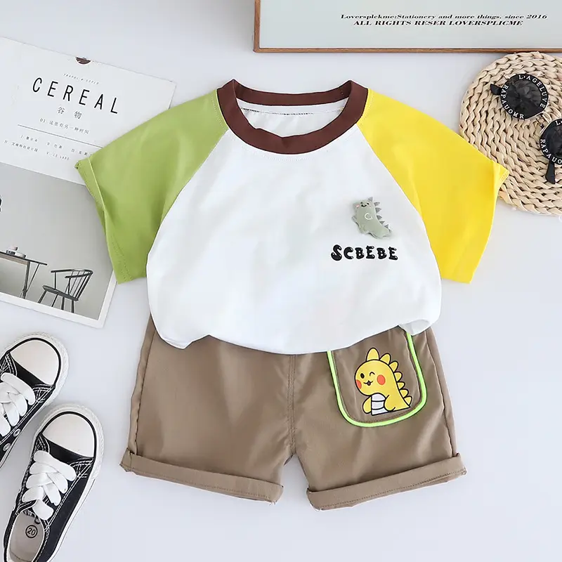 Children Cotton T-Shirt Shorts Set White Yellow Brown - Image 3
