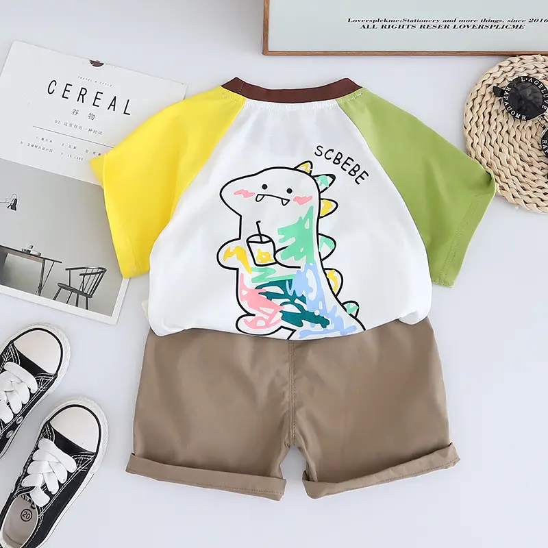Children Cotton T-Shirt Shorts Set White Yellow Brown - Image 4