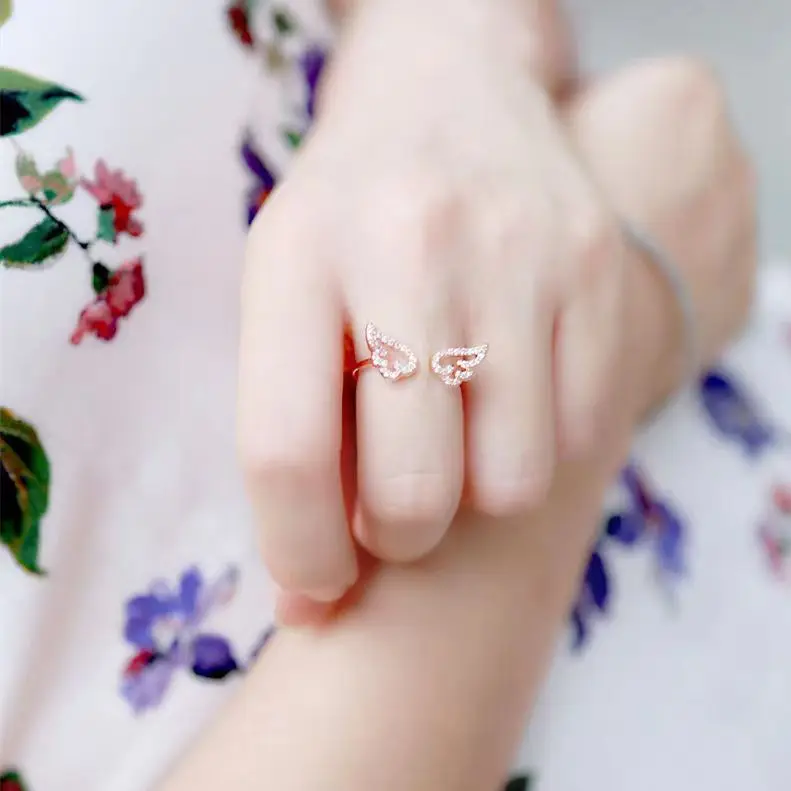Angel Wings Micro Diamond Ring for Women Adjustable Silver