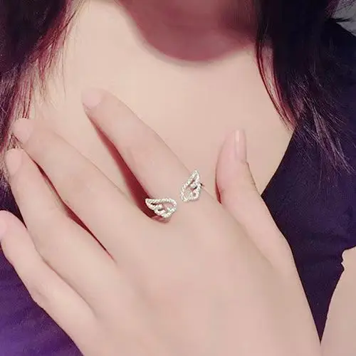 Angel Wings Micro Diamond Ring for Women Adjustable Silver