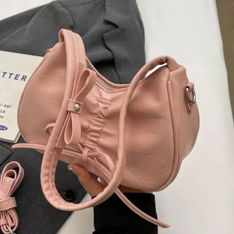 Pink Soft PU Shoulder Bag with Bow Design - Image 7