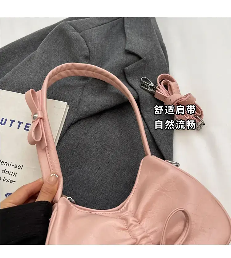 Pink Soft PU Shoulder Bag with Bow Design — feature 12
