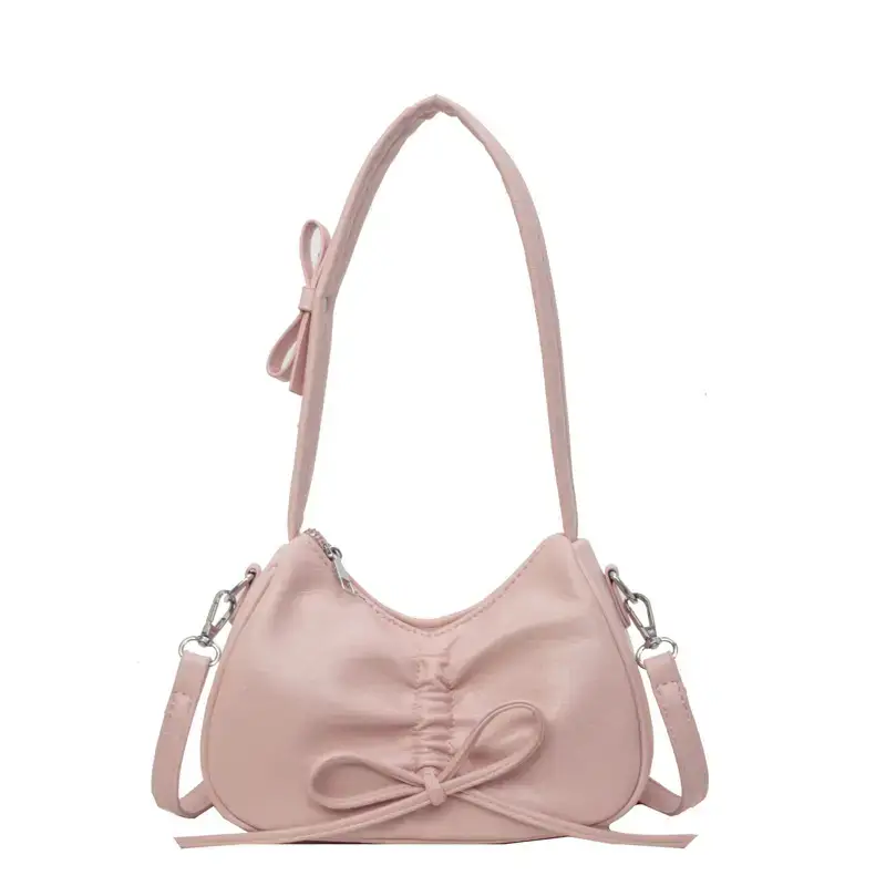 Pink Soft PU Shoulder Bag with Bow Design - Image 4