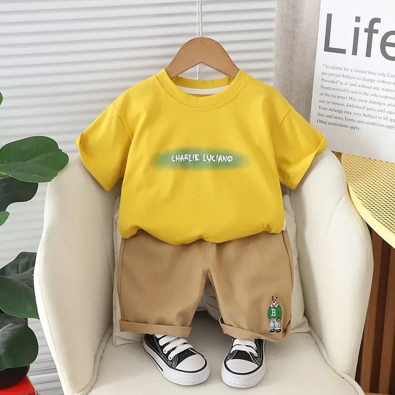 Boys Beige Brown 2Pc T-Shirt Shorts Set - Image 2