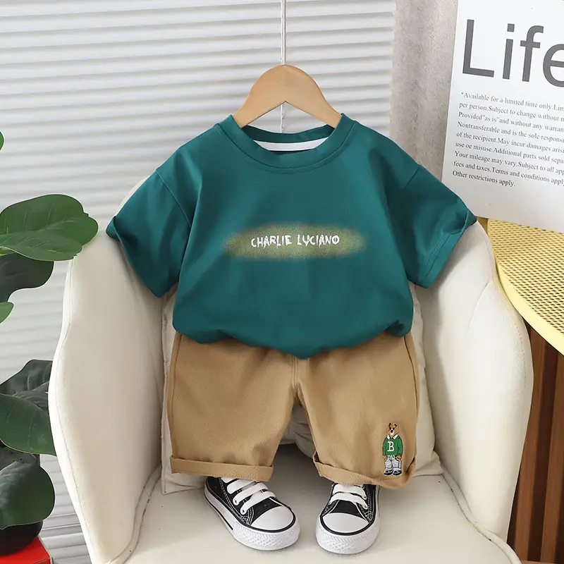 Boys Beige Brown 2Pc T-Shirt Shorts Set - Image 3