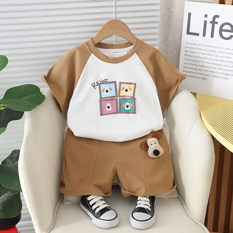 Cartoon Korean Boys T-Shirt Shorts Set Maroon 2024 - Image 2