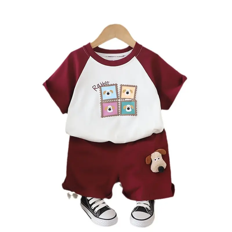 Cartoon Korean Boys T-Shirt Shorts Set Maroon 2024 - Image 6