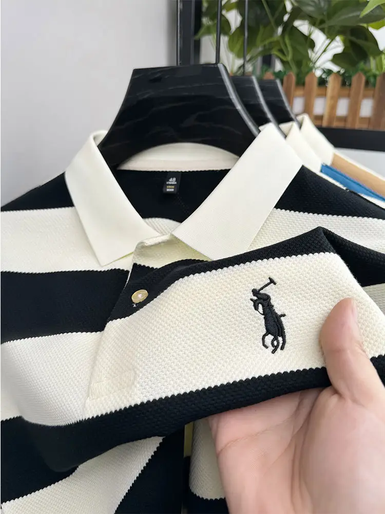 Men's Blue White Striped Polo T-Shirt Short Sleeve — feature 15