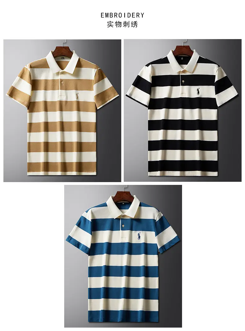Men's Blue White Striped Polo T-Shirt Short Sleeve — feature 2