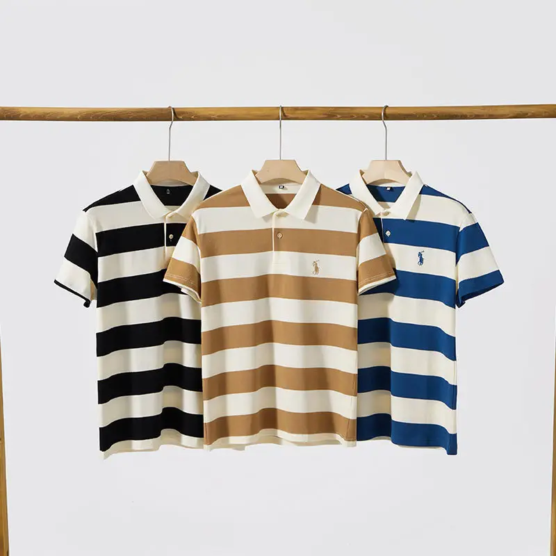 Men's Blue White Striped Polo T-Shirt Short Sleeve — feature 7