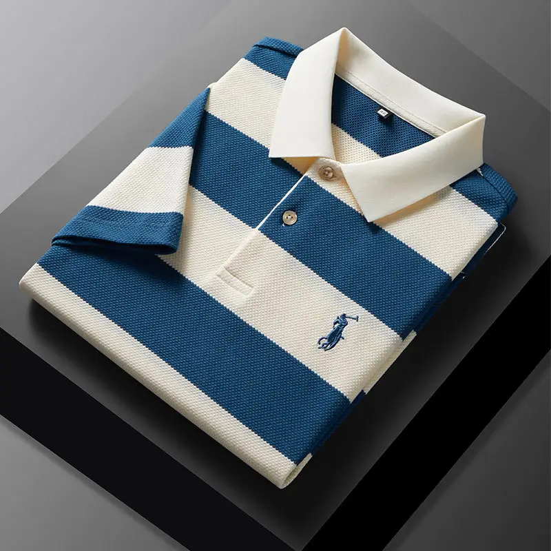 Men's Blue White Striped Polo T-Shirt Short Sleeve
