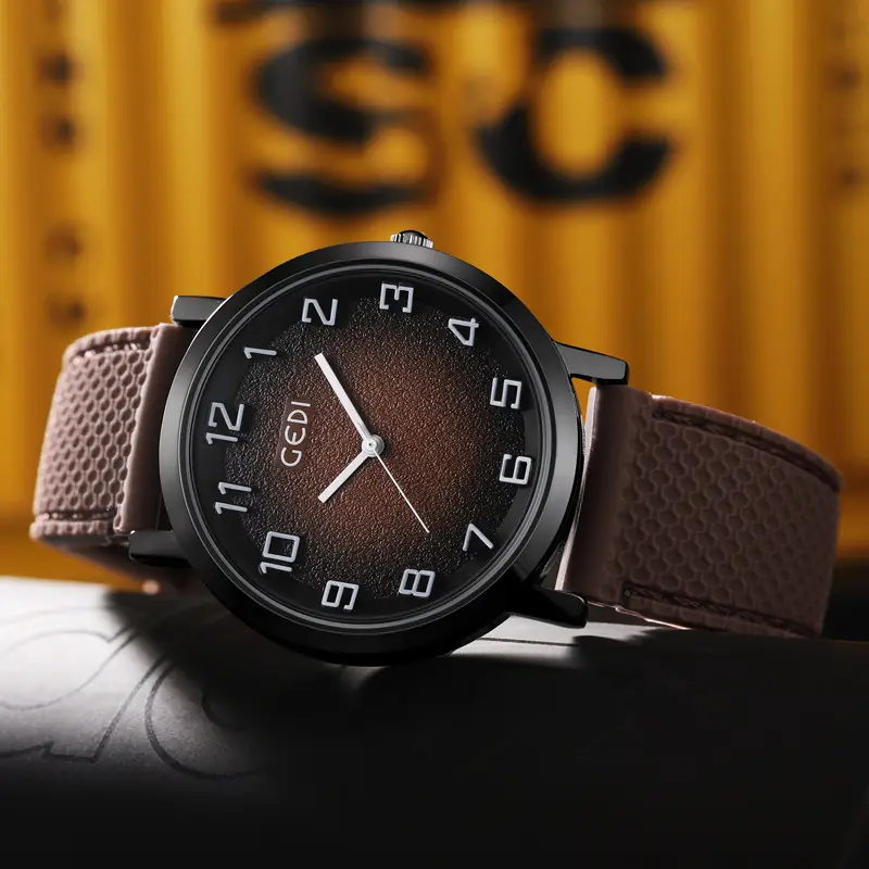 Men's Brown Leather Watch with Quartz Movement - Image 3