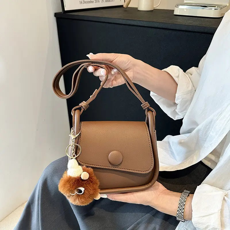Vintage White Crossbody Bag with Fur Pom Pom