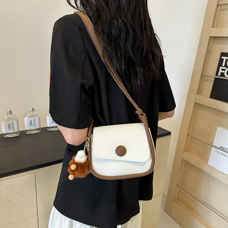 Vintage White Crossbody Bag with Fur Pom Pom