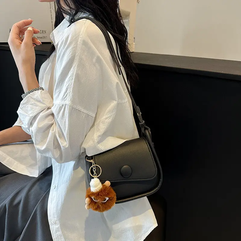 Vintage White Crossbody Bag with Fur Pom Pom