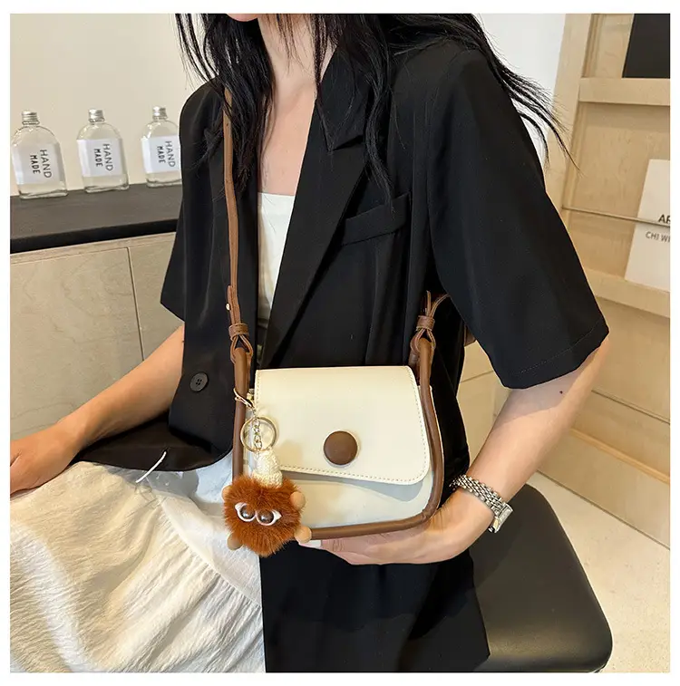 Vintage White Crossbody Bag with Fur Pom Pom — feature 20