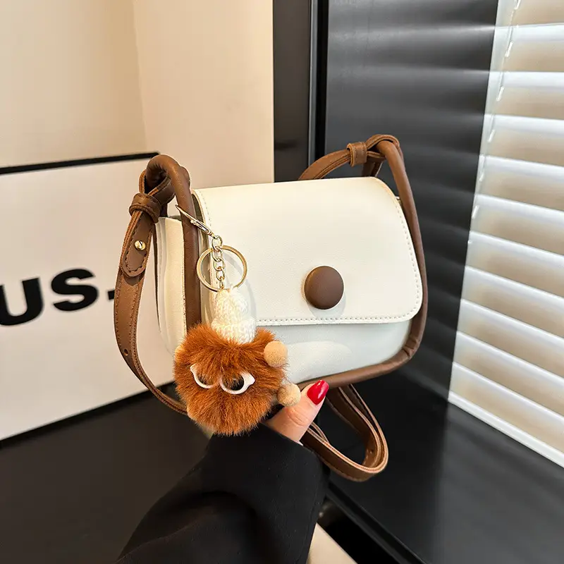 Vintage White Crossbody Bag with Fur Pom Pom