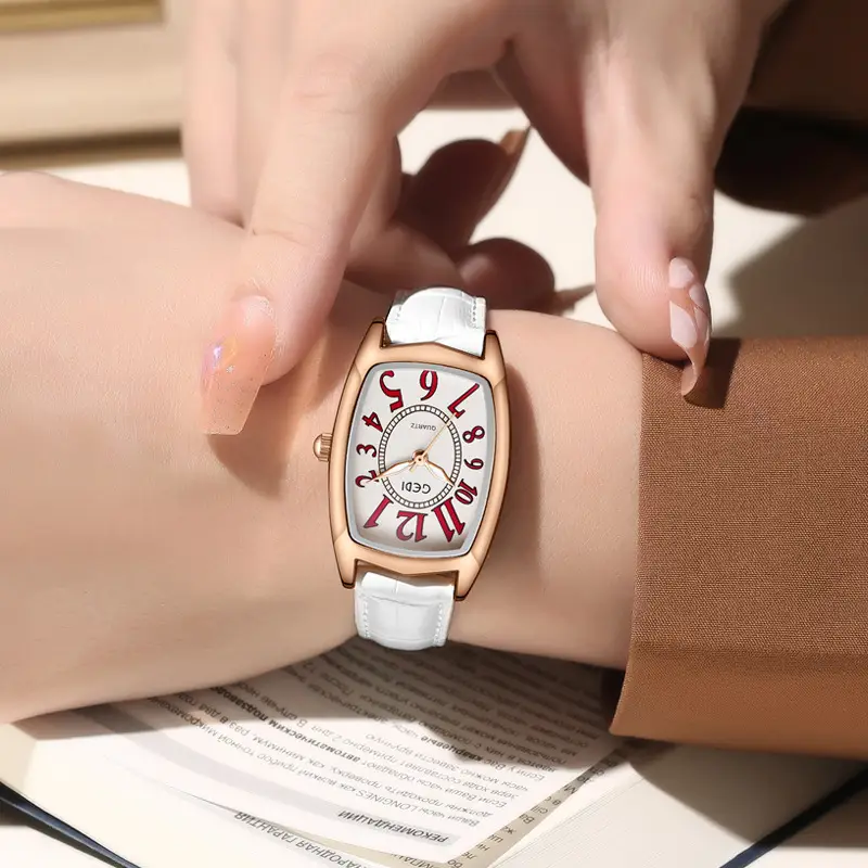 Women's Gold Rose Gold Watch with White Leather Band - Image 4