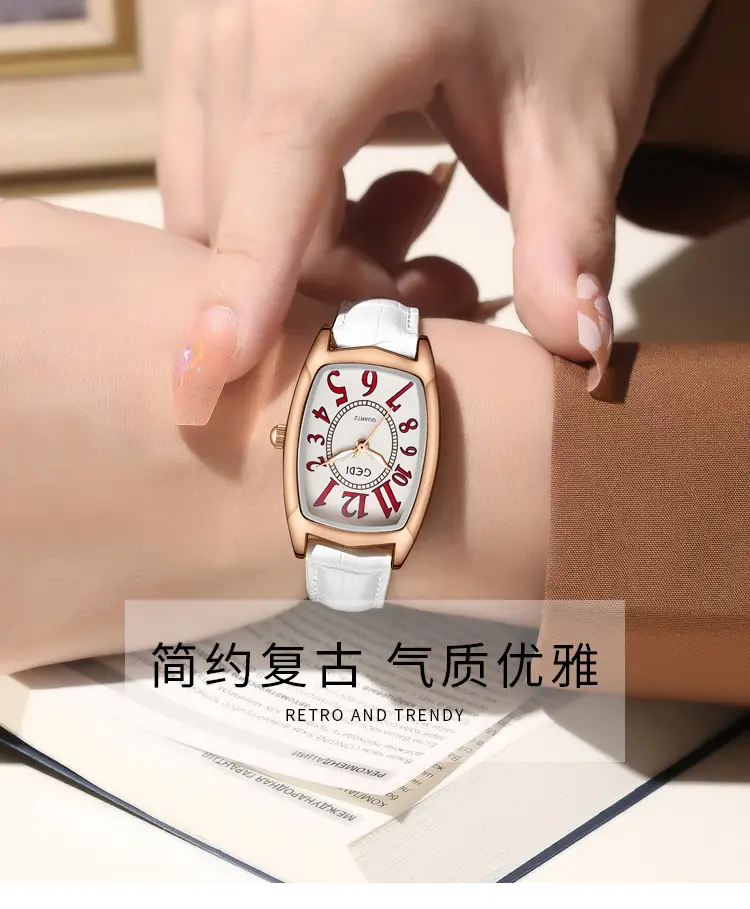 Women's Gold Rose Gold Watch with White Leather Band — feature 2