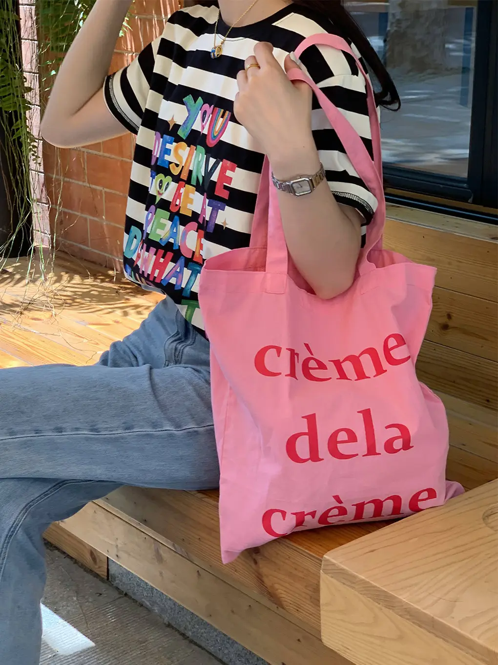 Light Blue Canvas Shoulder Bag with "Treme dela Crème" Print - Image 6