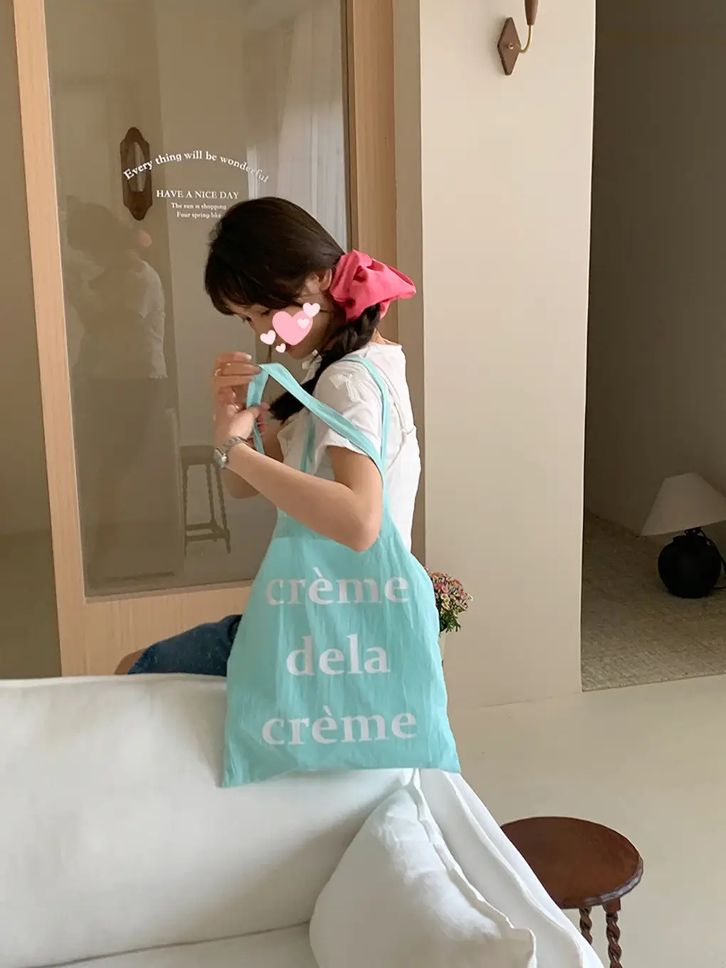 Light Blue Canvas Shoulder Bag with "Treme dela Crème" Print — feature 11