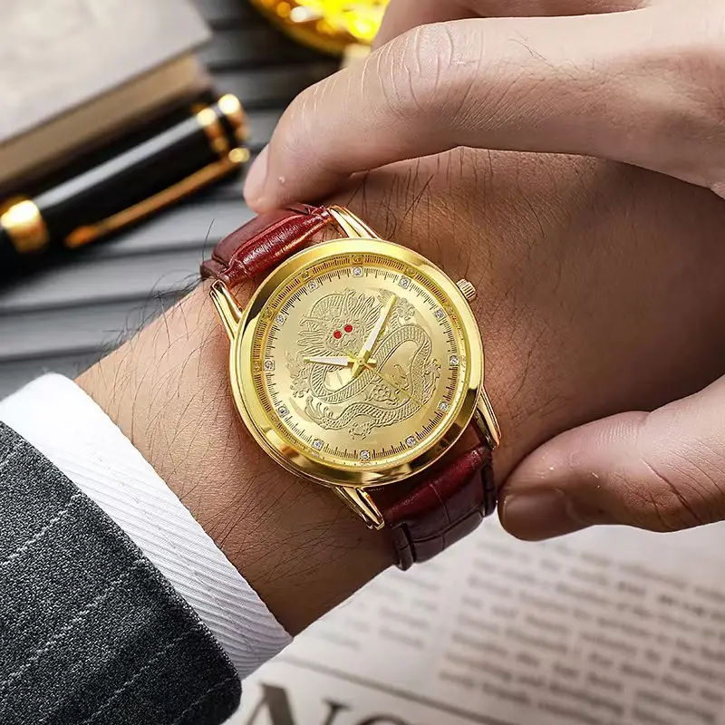 Men's Dragon Watch with Gold Leather Strap - Image 8