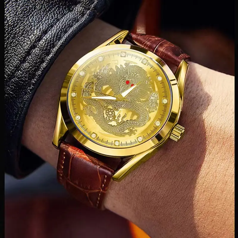 Men's Dragon Watch with Gold Leather Strap - Image 9