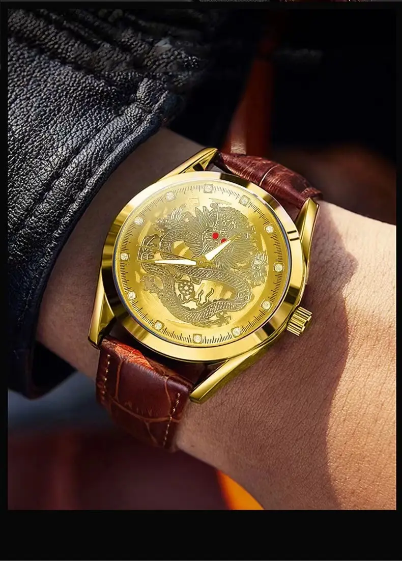 Men's Dragon Watch with Gold Leather Strap — feature 9