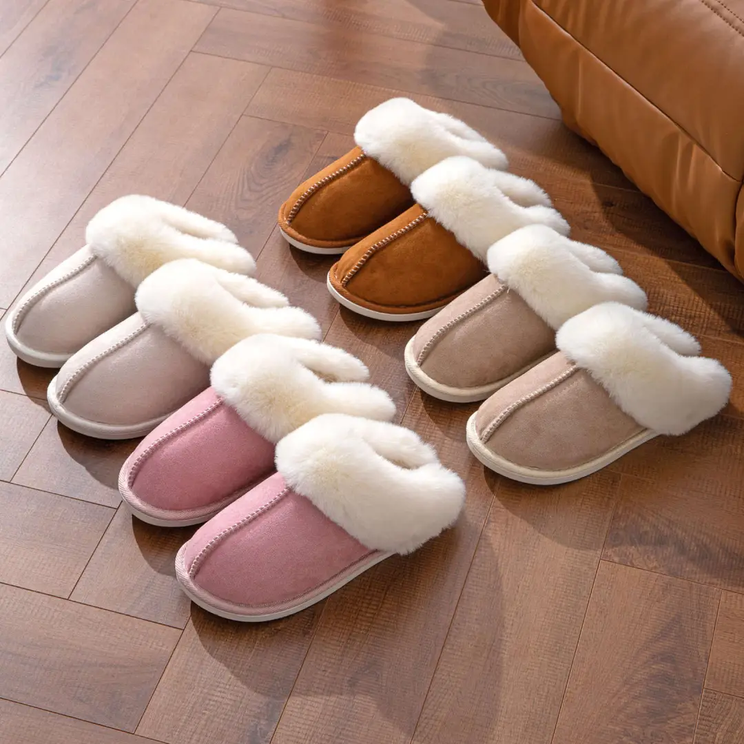Cross-Border Hot-Selling Fur Slippers with Large Fur Trim, Plush and Warm Cotton Slippers for Winter Home Use, Comfortable and Non-Slip for Couples