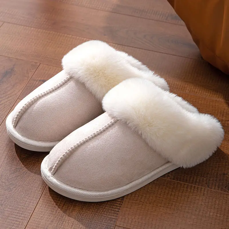 Cross-Border Hot-Selling Fur Slippers with Large Fur Trim, Plush and Warm Cotton Slippers for Winter Home Use, Comfortable and Non-Slip for Couples