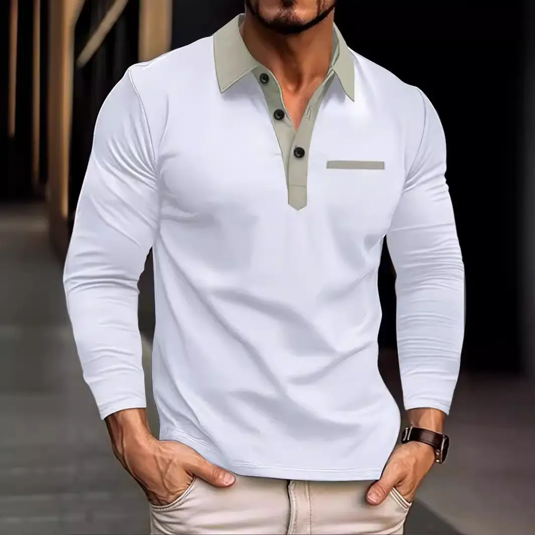 Men's White Long Sleeve Polo Shirt with Beige Trim - Image 9