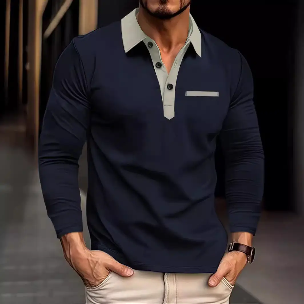 Men's White Long Sleeve Polo Shirt with Beige Trim - Image 10
